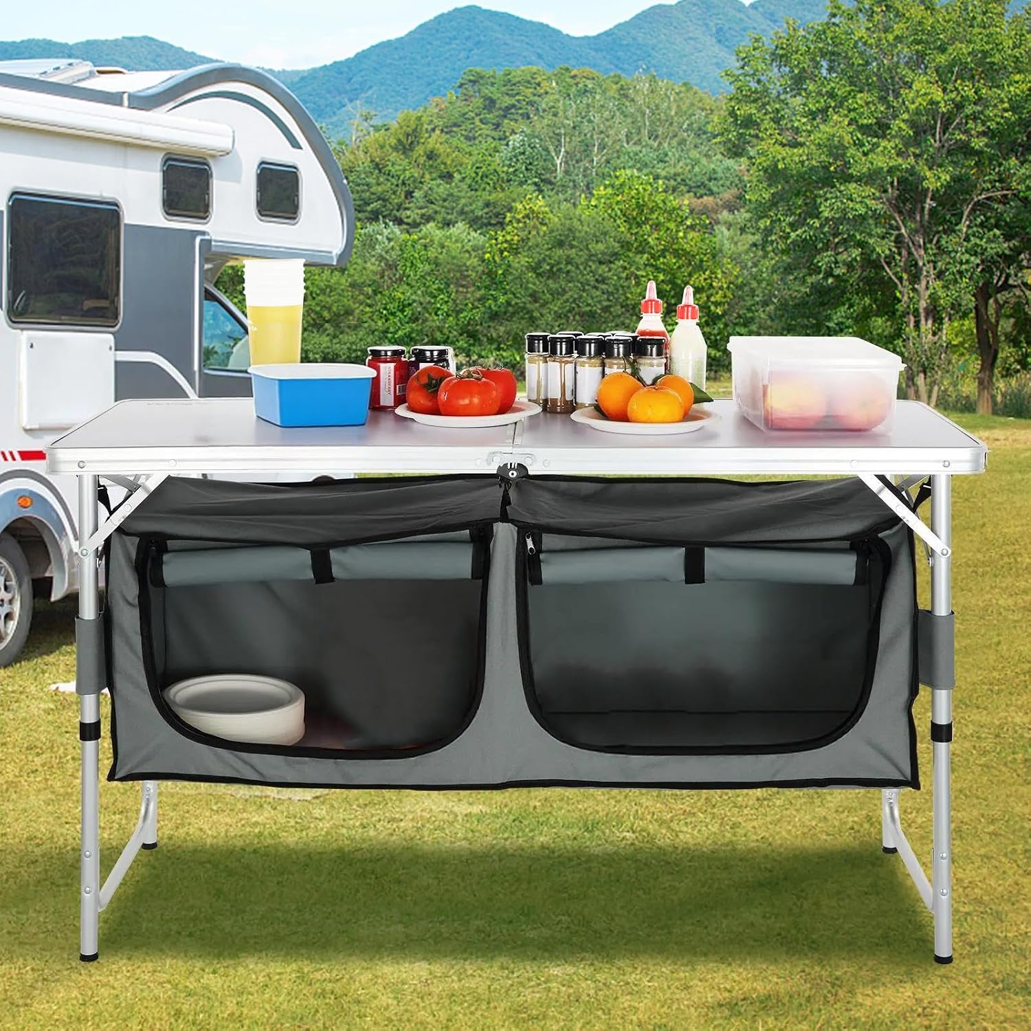 Camping Kitchen Station, 3 Adj - Camping Cooking Table With Storage 评论和价格